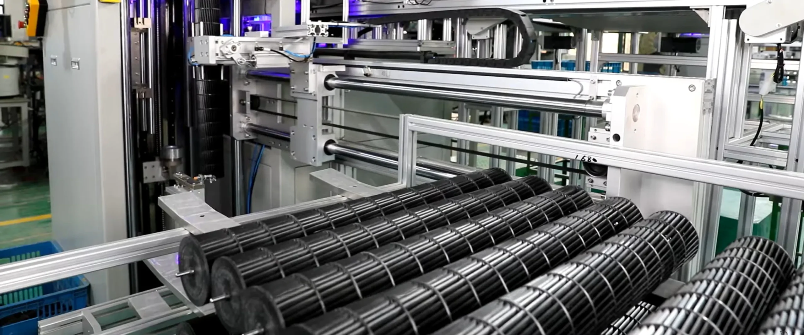 Cross flow blower wheels on a production line